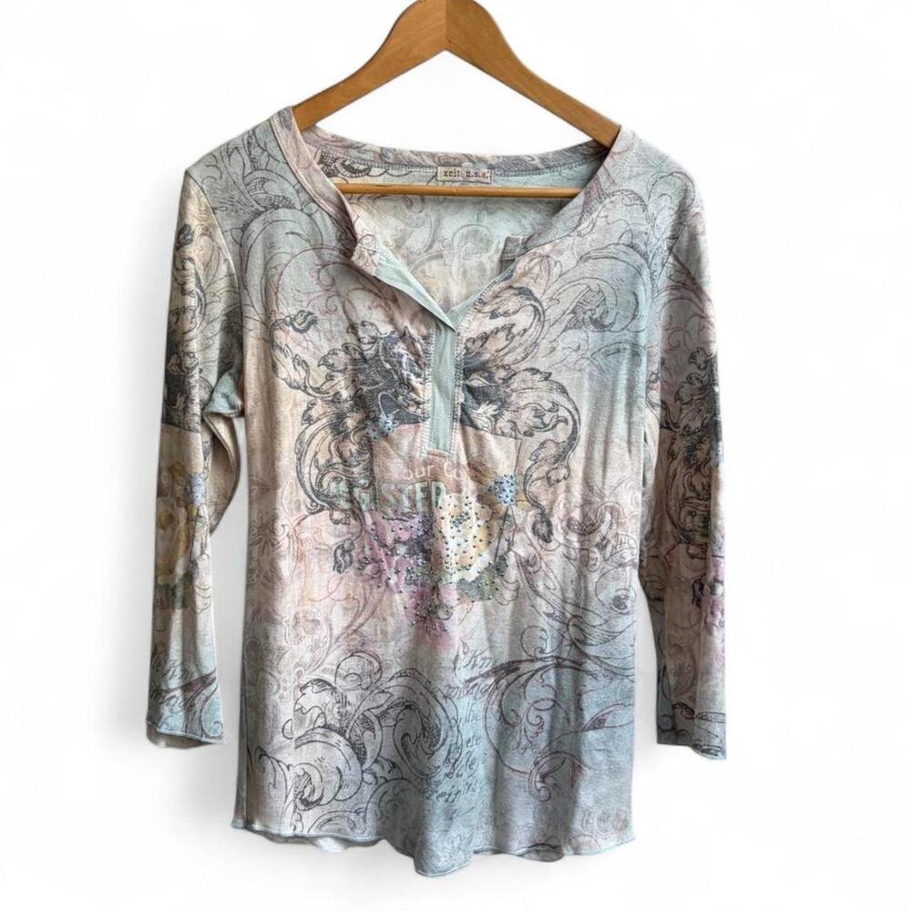 Vintage Y2K Floral Cute Boho Womens M Long Sleeve Henley V Neck Blouse